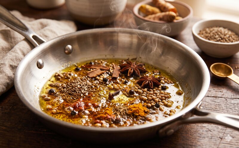 Whole and ground spices blooming in olive oil in a small skillet, releasing their aromas