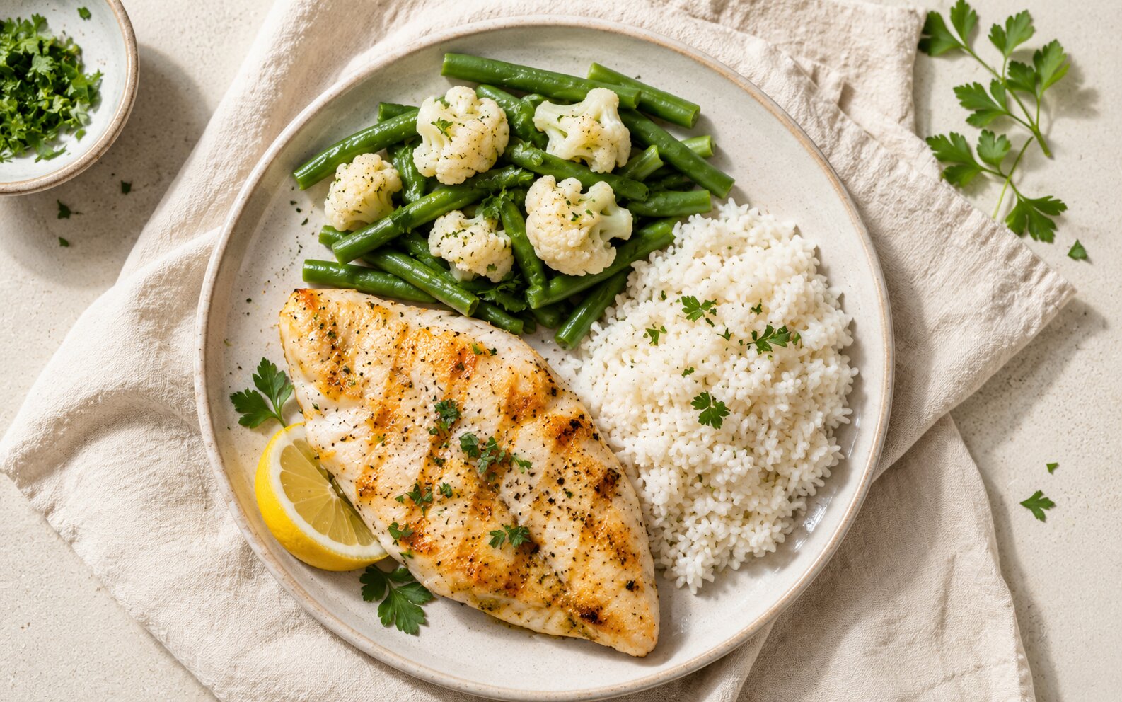 A balanced kidney-friendly plate with grilled protein, low-potassium vegetables, and a simple grain