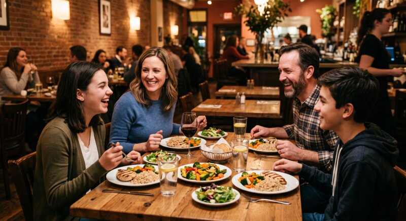 A family enjoying dinner together at a restaurant, smiling over plates of grilled chicken, rice, and vegetables
