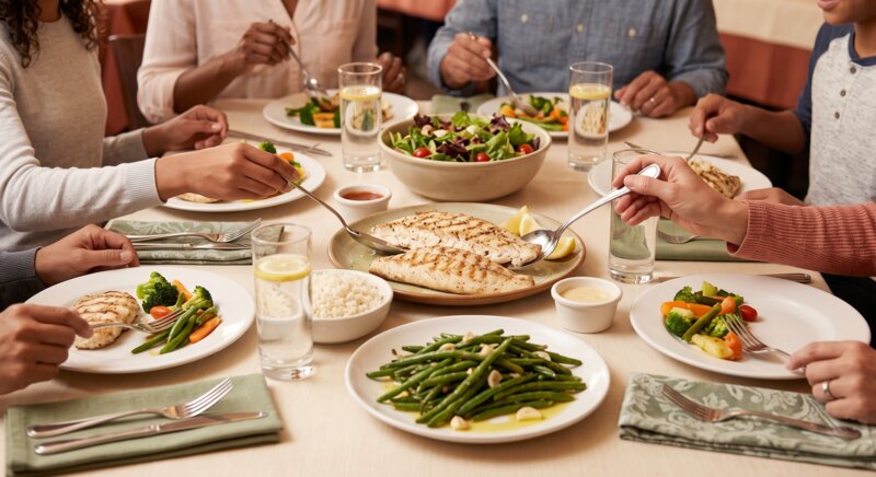 An overhead view of a restaurant table with shared plates of grilled fish, rice, green beans, and salad — hands reaching for food, water glasses, a relaxed family meal