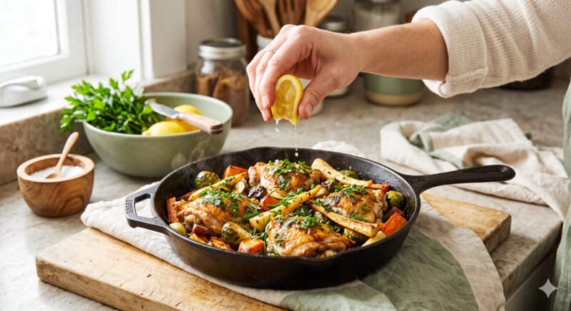 A cook squeezing fresh lemon over a finished skillet dish and scattering chopped herbs on top