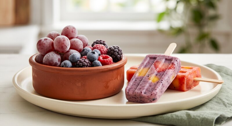Frozen grapes and mixed berries in a bowl beside homemade fruit popsicles on a cream plate