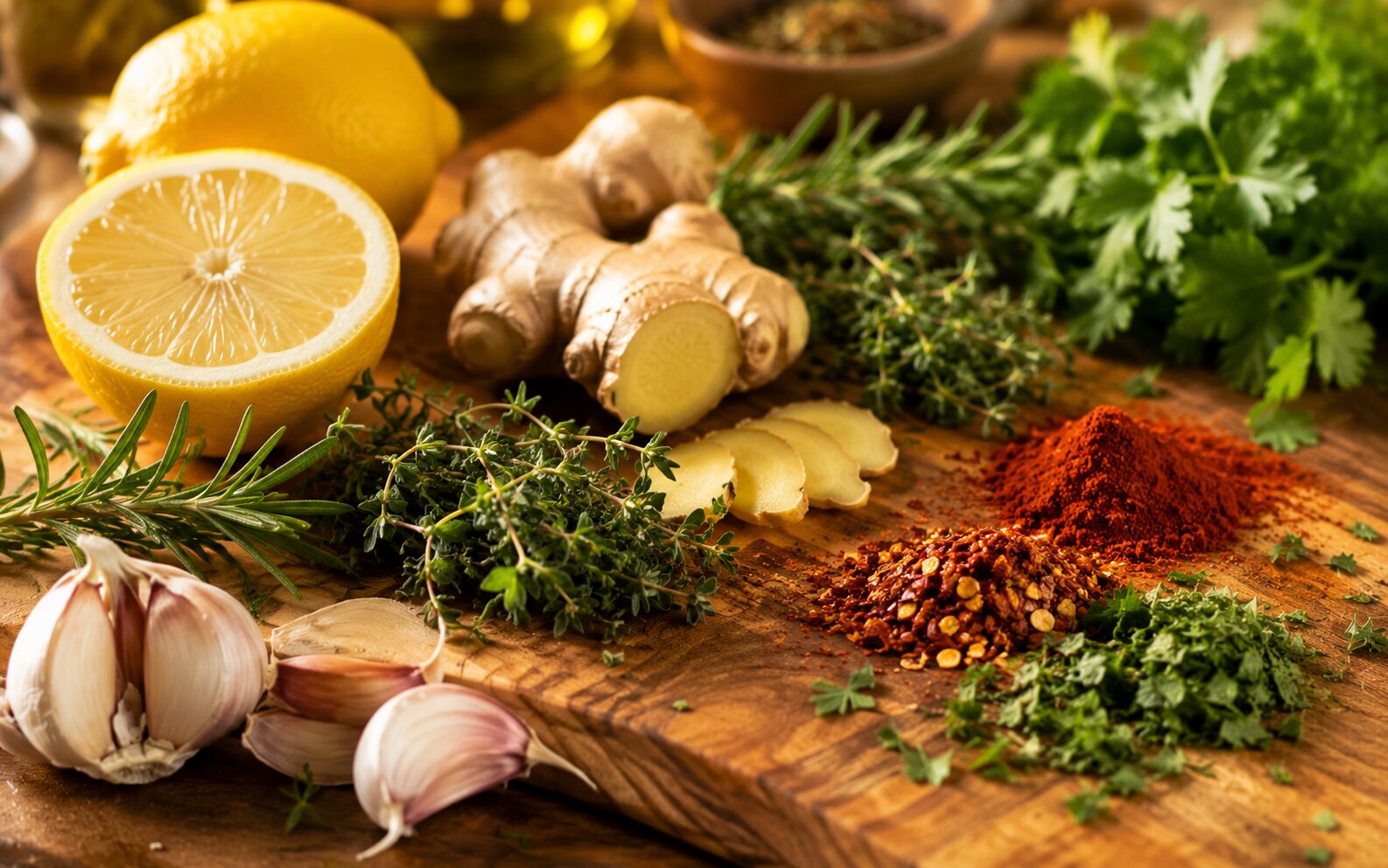 Fresh herbs, citrus, and spices on a cutting board — the real flavor toolkit
