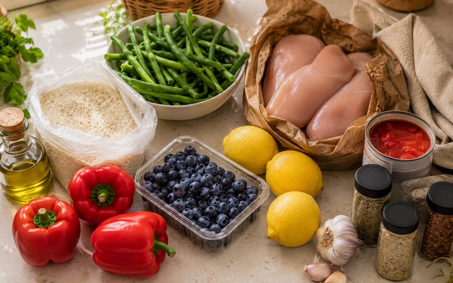 A kidney-friendly grocery haul laid out on a kitchen counter: fresh chicken, eggs, white rice, apples, bell peppers, no-salt-added canned tomatoes, olive oil, lemons, and a jar of salt-free seasoning