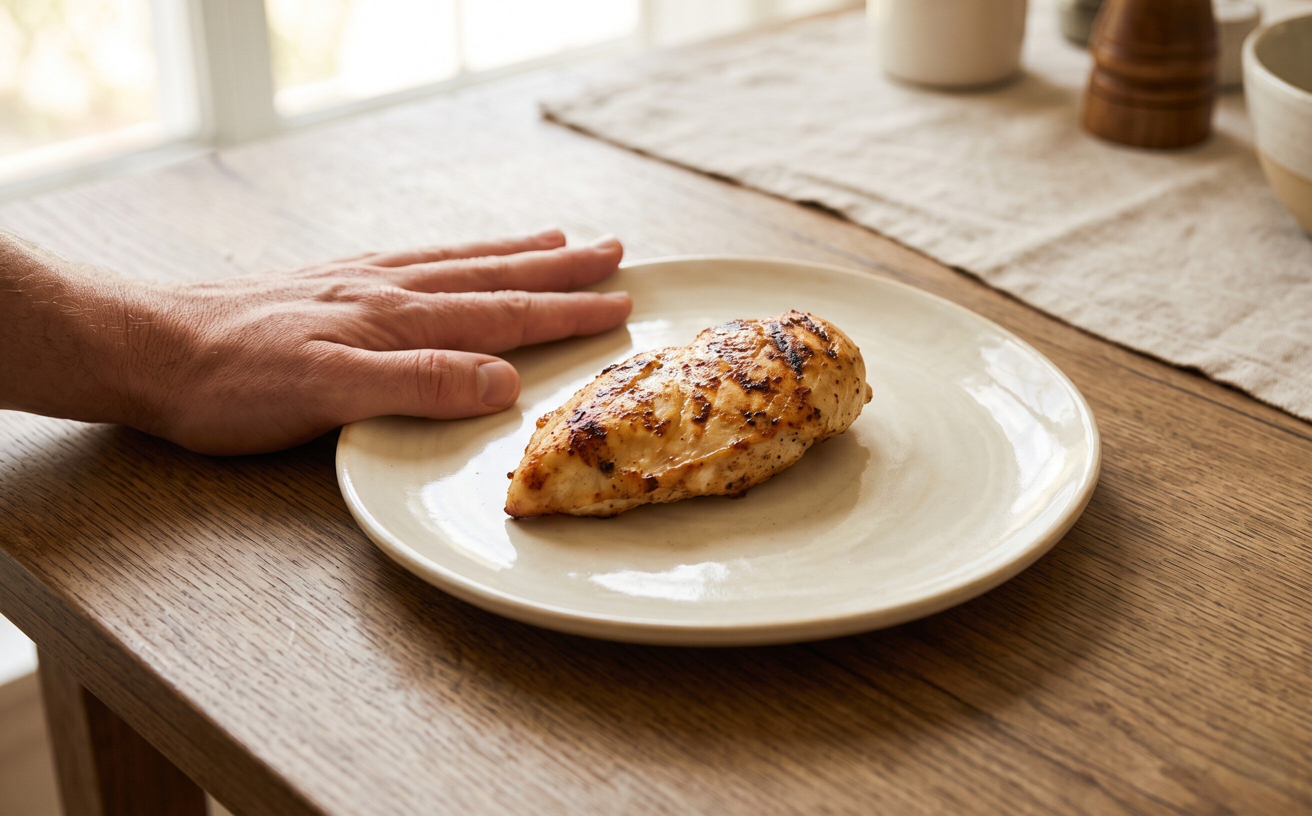 A palm-sized, deck-of-cards portion of grilled chicken shown next to a hand for scale on a cream-colored plate, illustrating one serving of protein
