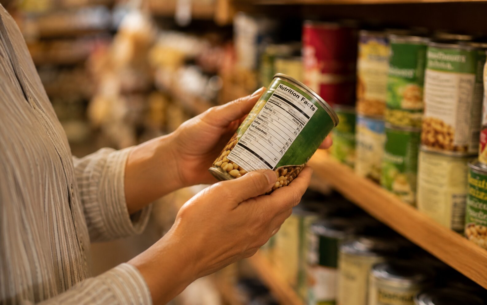 Close-up of a person's hands holding a canned food product in a grocery aisle, reading the Nutrition Facts label and ingredient list