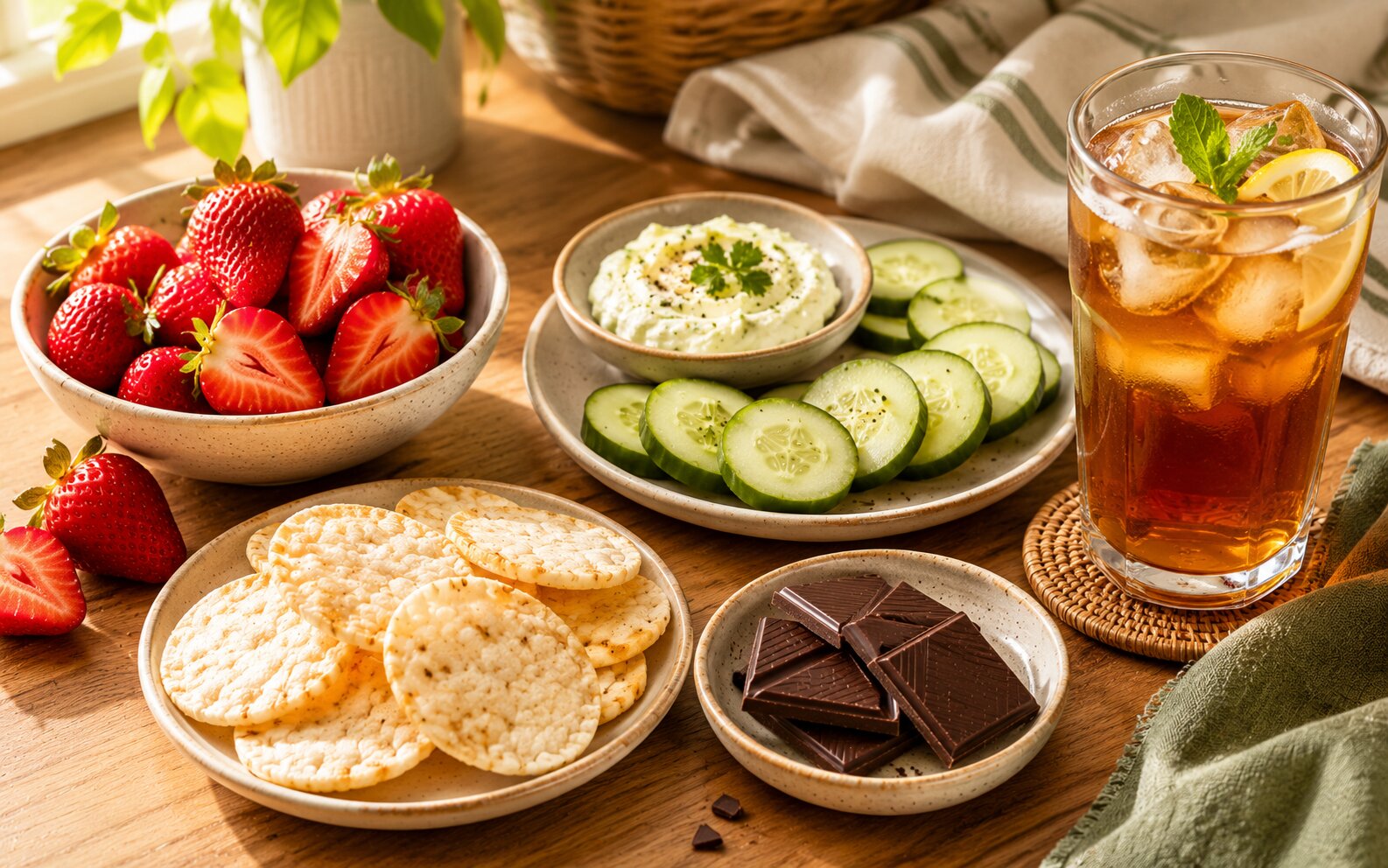 A casual spread of kidney-friendly snacks: fresh berries, rice crackers, cucumber slices with dip, and iced herbal tea