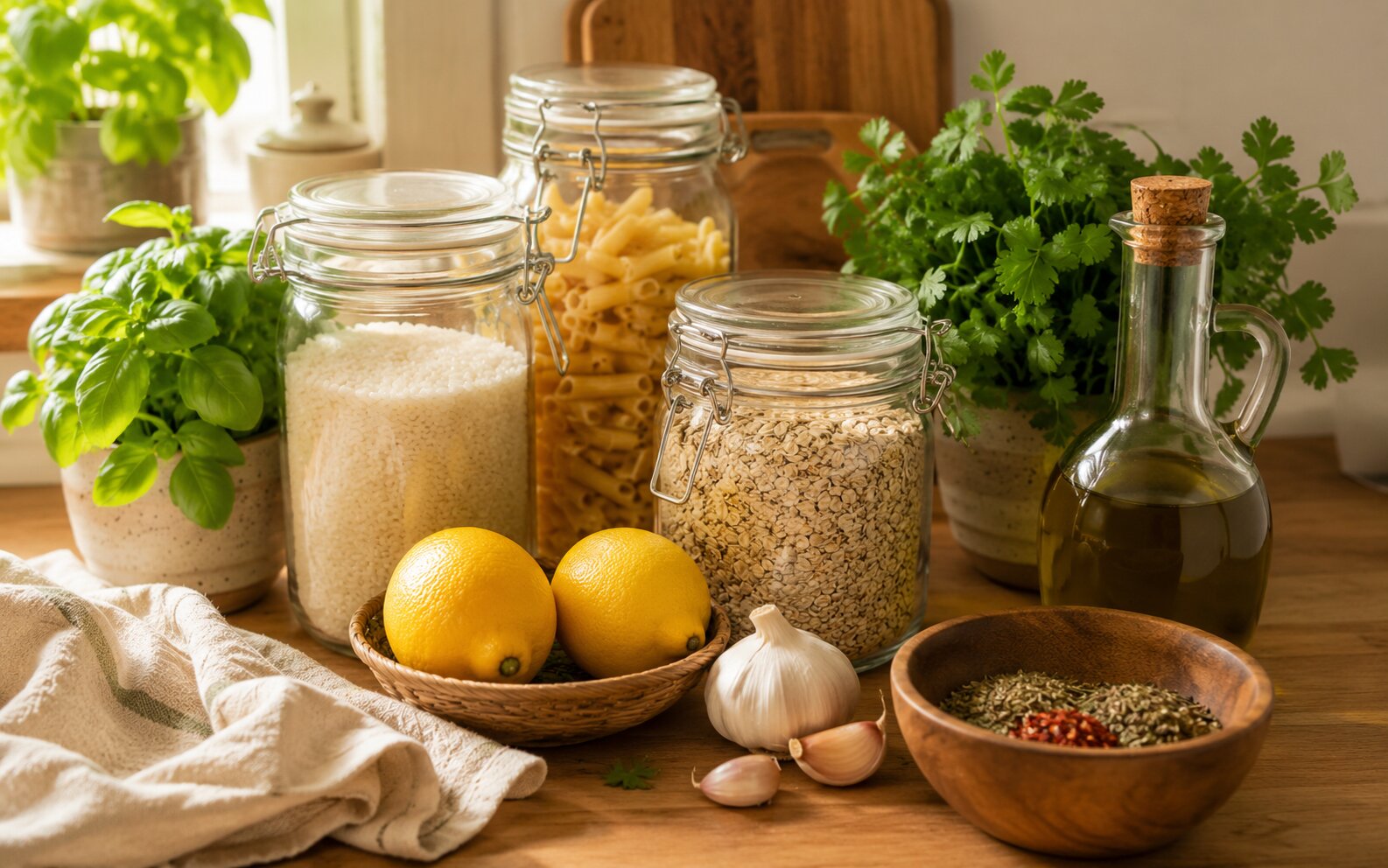 A well-stocked kitchen counter with kidney-friendly pantry staples: rice, olive oil, fresh herbs, lemons, and spices