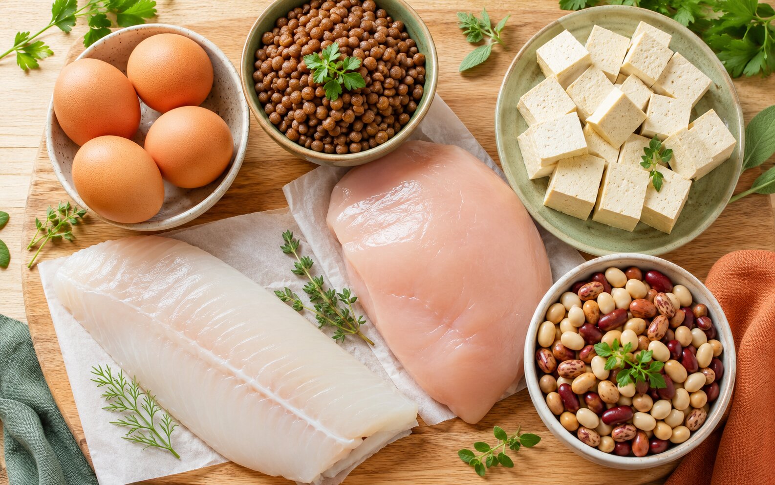 An array of high-quality protein sources on a wooden board: fresh eggs, a raw fish fillet, skinless chicken, a bowl of cooked lentils, cubed tofu, and a small bowl of beans