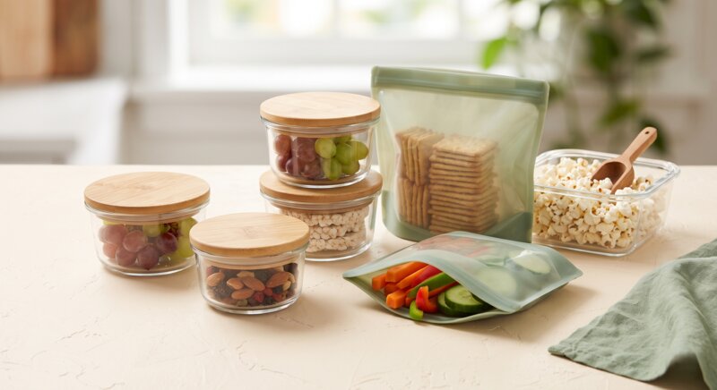 Small containers and snack bags portioned with cut vegetables, grapes, popcorn, and crackers, ready to grab from the fridge